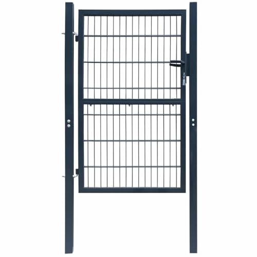 Teenpull Puerta de jardín 2D gris antracita de acero pulverizado, 100 x 180 cm, con cerradura, bisagras y postes, puerta individual para jardín, patio, terraza, valla, acceso y seguridad