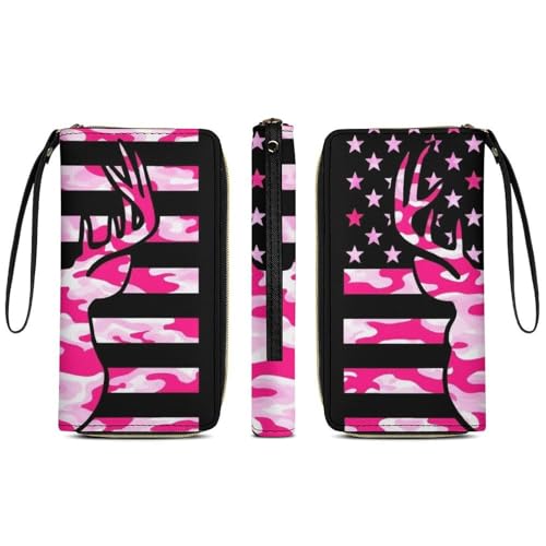 Fashion Decor Wallet, Long PU Zipper Wallet, Travel Purse Fashion Design, Huge Storage Capacity Purse With Rope Pink Camouflage American Flag Hunting Camo Deer3