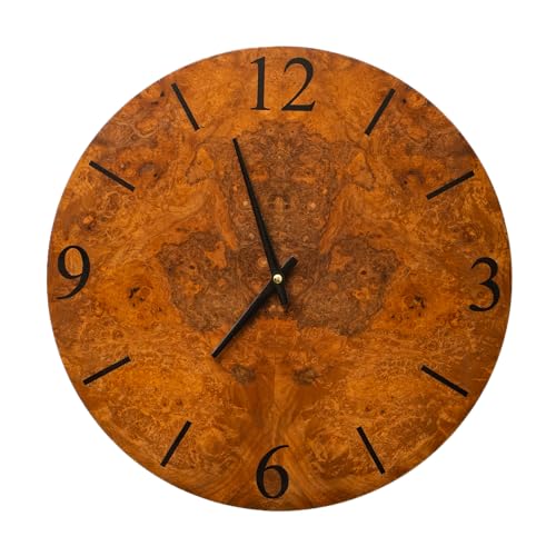 AUM Trading Wood Wall Clock - Clocks for Living Room Decor, Mid Century Modern Wooden Decorative Wallclocks, Unique Silent Handmade European Walnut Burl Rustic Battery Operated