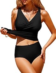 UMIPUBO Costume da Bagno Donna Due Pezzi Scollo a V Tankini Set Imbottito Reggiseno Sexy Push up Bikini Costumi da Mare Donna Vita Alta Beachwear Swimwear Spiaggia (Nero, L)