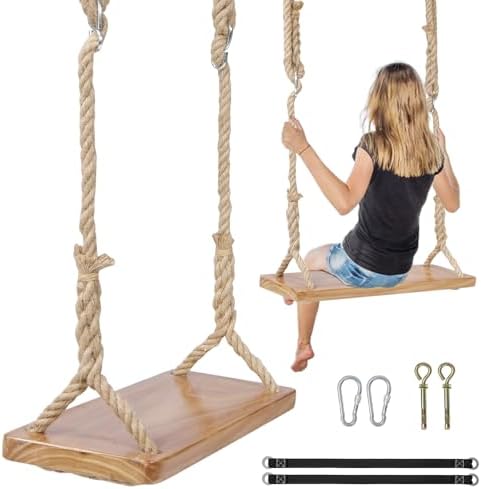 RedSwing Wooden Swing for Tree, 24″x 8″x 1.2″ Tree Hanging Swings Set for Adult, 500lbs Load Capacity, Adjustable Rope Tree for Indoor, Outdoor, Garden,Yard,Backyard