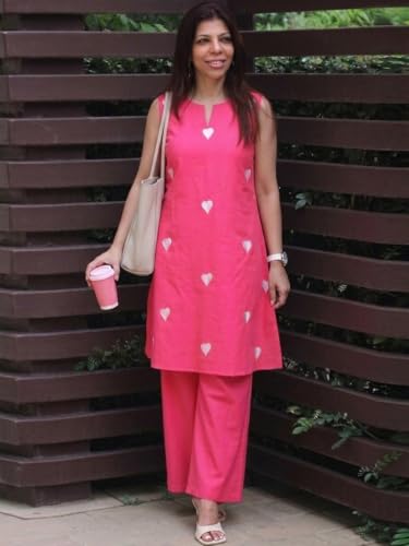 Image of ANNI Designer Kurta Set for Women Cotton Blend Embroidered | Kurti Set for Woman | Farshi Salwar Suit Kurta Palazzo Outfit | Round Neck V Slit Sleeveless Regular Fit Ethnic Dress Stylish Clothing
