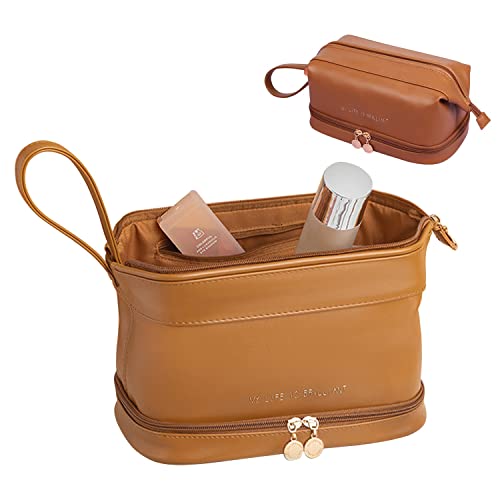 Double Layer Cosmetic Bag, Large Capacity Travel Makeup Bag, Leather Makeup Organizer Bag, Waterproof Toiletry Bag for Women Girls, Multifunction Makeup Brush Bagbrown Cover
