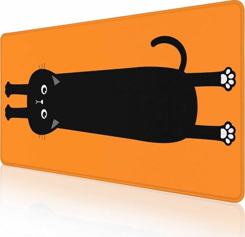 Large Gaming Mouse Pad with Stitched Edges, Black Cat Desk Mat Extended Keyboard Pad, Non-Slip Rubber Base Desk Pad for Keyboard and Mouse, 35.4X15.7 inch,