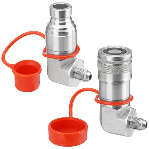 Image of 90 Degree Elbow 1 /2 inch Flat Face Hydraulic Quick Connect Coupler, 1 /2 inch Body Size x 3 /8″ JIC Male Thread Skid Steer Hydraulic Coupling Adapter with Dust Cap