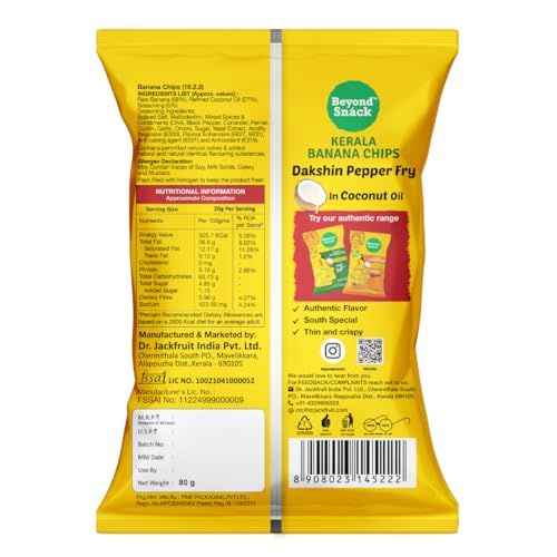 Image of Beyond Snack Kerala Banana Chips, Dakshin Pepper Flavour, Made in Coconut Oil, Traditional South Indian Style - 320g (80g * 4packs)