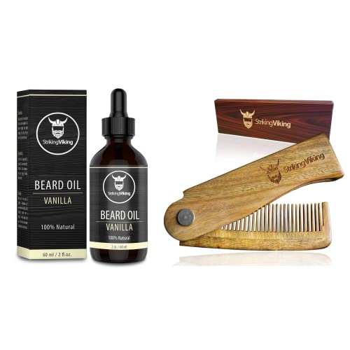 Striking Viking Vanilla Beard Oil (Large 2 oz.) & Folding Wooden Comb - Men's Hair, Beard & Mustache Comb