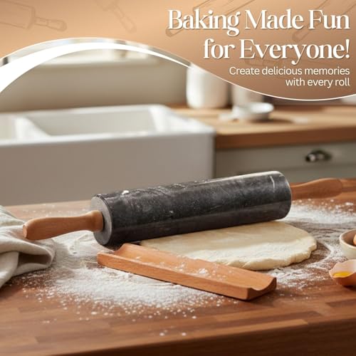 Image of Flexzion Black Marble Rolling Pin, 10-inch with Wooden Handle and Holder Base Stand, Marble Rolling Pin for Baking Pastry Pizza Dough Roller Fondant Cookie Pie Crust Pasta Bakery Roller Pin