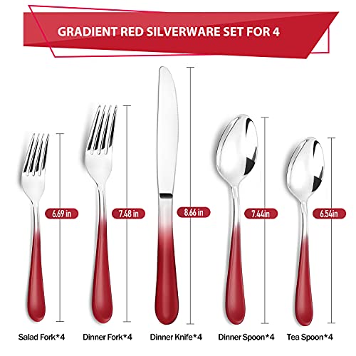 Red Silverware Set,20 Piece Stainless Steel Flatware Set,Mirror Polished Dinnerware Cutlery Set Of 4,Reusable Utensil Set For Kitchen,Gradient Red Silverware,Dishwasher Safe #TOP1