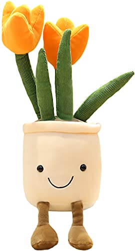 Image of WUZHOU Tulip Plush Toy, 13.7" Flower Pot Stuffed Plushie Pillow Decoration, Soft Fluffy Toy Succulent Plants Friend Throw Pillow, Multicolor (Orange-Tulip)