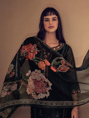 Image of INDO ERA Women Black Embroidered Straight Kurta Trousers With Dupatta set