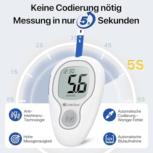 LinkSun 425-3 Blutzuckermessgerät-Set, 100 Teststreifen, 100 Lanzetten, 1 Blutzuckermessgerät, 1 Stechhilfe, 1 Glucose-Kontrolllösung, Glucometer für den Heimgebrauch, mmol/L & mg/dL