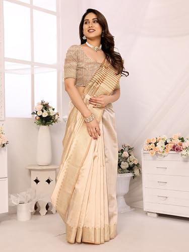 Image of StyleScope Women's Assam Silk Saree Jacquard Bordered With Cotton Blend Unstitched Blouse Piece (Assamm Free Size)