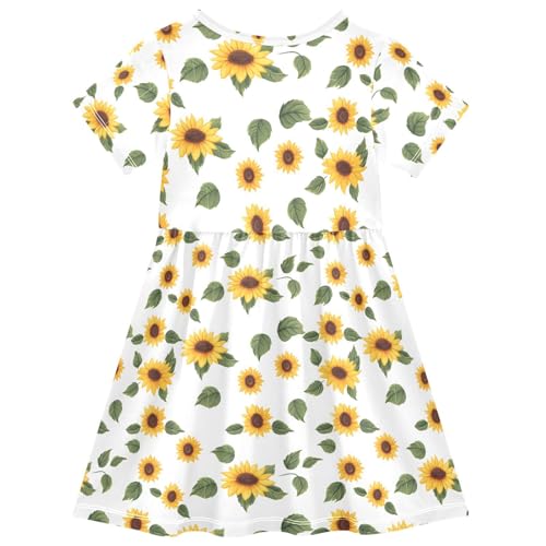 Sunflowers and Leaves Girls Short Sleeve Dress Casual A Line Twirly Skater Dresses2