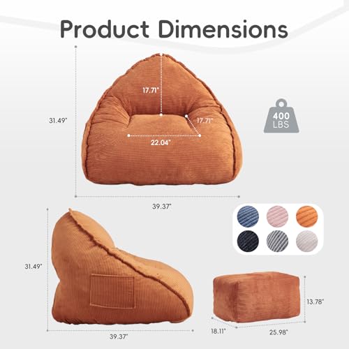 Bean Bag Chair with Ottoman for Adults, Large Corduroy Bean Bag Couch, Boneless Chaise Lounge Reading Chair with High-Resilience Foam, Floor Lounger for Bedroom Living Room (Orange)