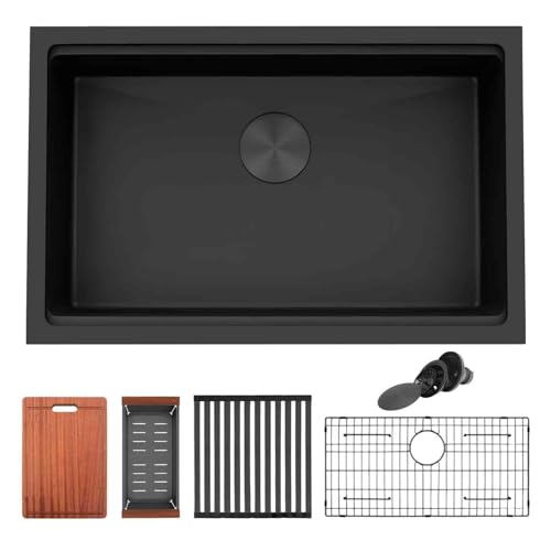 Image of 27 inch Undermount Kitchen Sink,16 Gauge Stainless Steel Black Kitchen Sink,Single Bowl Undermount Workstation Sinks (Black, 27 X 18 inch)