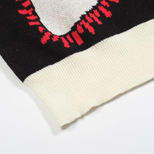 Men's Knitted Polo Shirt, Retro Heart Pattern Casual Poloshirt Summer Short Sleeve with Button, White and Black4