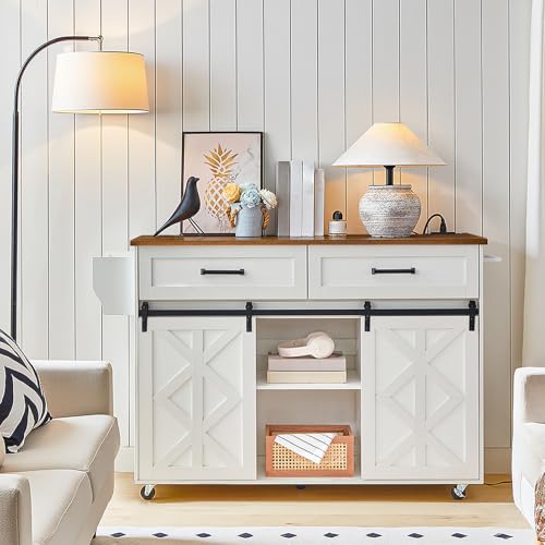 HOOBRO-Kitchen-Island-with-Power-Outlet-Rolling-Kitchen-Island-with-Barn-Doors-Kitchen-Cart-on-Wheels-Kitchen-Island-Table-with-Drawers-Open-Shelves-for-Kitchen-White-and-Walnut-WH28UZD01 HOOBRO Kitchen Island with Power Outlet Rolling Kitchen Island with Barn Doors Kitchen Cart on Wheels Kitchen Island Table with Drawers Open Shelves for Kitchen White and Walnut WH28UZD01