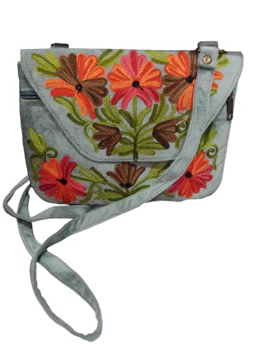 Women passport sling bag with kashmiri aari embroidery - Grey