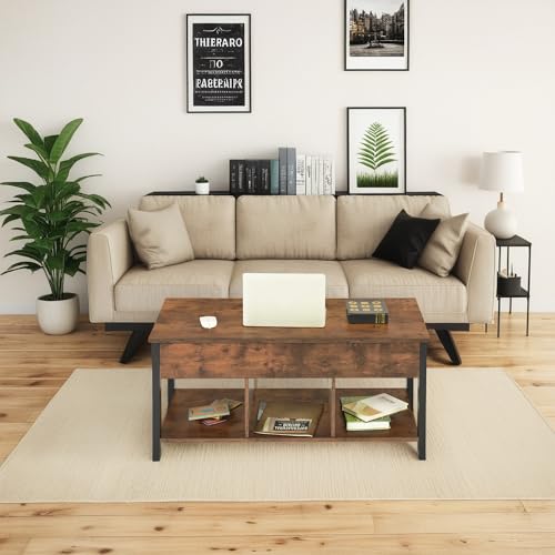 buybyroom lift top coffee table with storage, dark wood storage coffee table, rustic tables for living rooms, Ideal for living spaces and bedrooms, 100×750×762cm, brown and black - Image 3