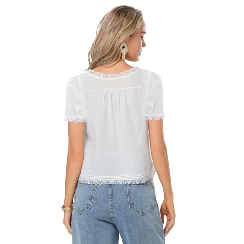 Women Lace Button up Shirt Short Sleeve Semi Sheer Ruffle Blouse Y2k Going Out Tops Coquette Flowy Clothes2