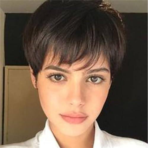 Queentas Perruque Femme Naturelle Courte Pixie - Cheveux Naturels, Frange, Coiffure en Couches Synthétiques (Brun Foncé)