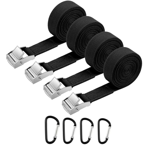 Tie Down Straps, 4 Pack Heavy Duty Tensioning Belts, Tensioning Belts with 4 Carabiner Clip, Quick Release, 2M Adjustable Cargo Straps Ratchet Strap for Motorcycle,Cargo,Trailer,Luggage,Trucks(Black)