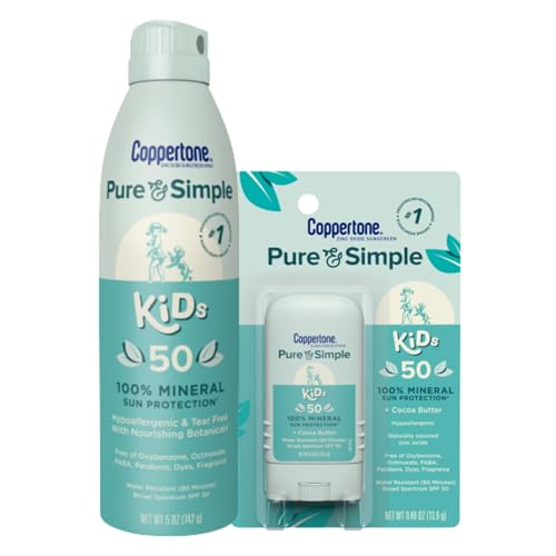Image of Coppertone Pure and Simple Kids Mineral Sunscreen Spray SPF 50 (5 Oz) + Kids Sunscreen Stick SPF 50 (0.49 Oz), Hypoallergenic and Tear Free