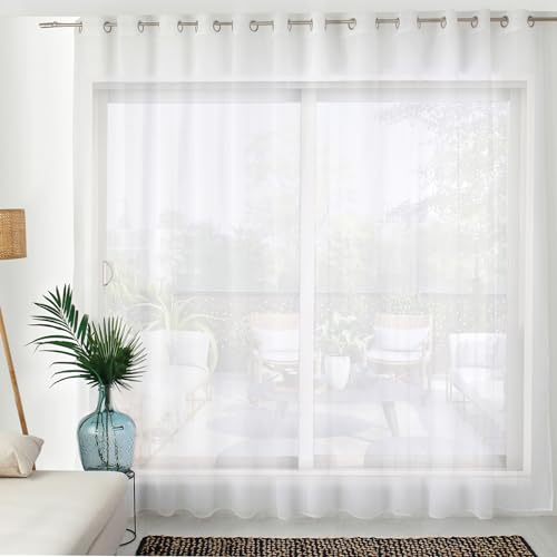 Voilage Blanc, Grande Largeur, 420x240cm (LxH), avec 24 œillets argentés de diamètre 4cm, 100% Polyester Sablé, Collection Sablé, Enjoy Home