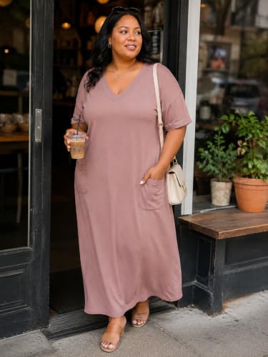 Image of Plus Size Maxi Dress for Women Short Sleeve V Neck Casual Loose Sundress with Pockets
