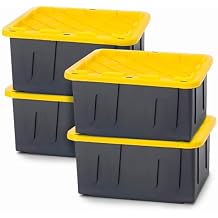 HOMZ 4-Pack Durabilt Tote, Heavy Duty Plastic Storage Bins with Lids, 27 Gallon, Black/Yellow - Stackable Organizing Containers for Home, Garage, and Office