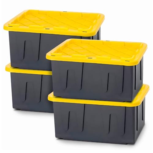 HOMZ 4-Pack Durabilt Tote, Heavy Duty Plastic Storage Bins with Lids, 27 Gallon, Black/Yellow - Stackable Organizing Containers for Home, Garage, and Office