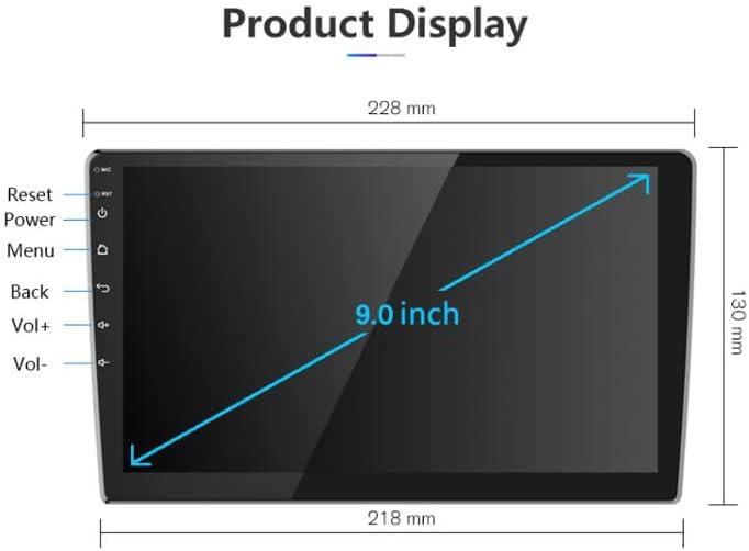 SRJTEK 9-inch touch screen display with labeled buttons and dimensions