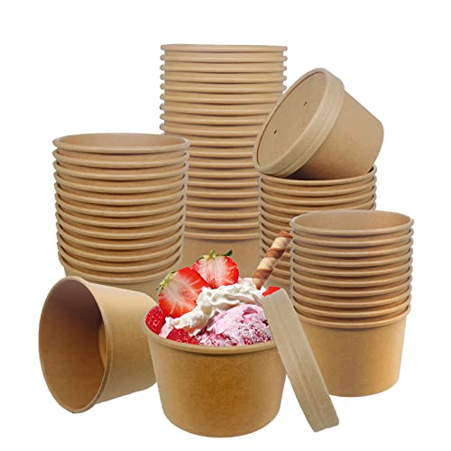 Belinlen 50 SET 8OZ Kraft Paper Soup Cups with Lids Compostable Paper Food Cup with Vented Lid, Disposable Ice Cream Cup, Great For Restaurants, Take Outs, or To-Go Lunch