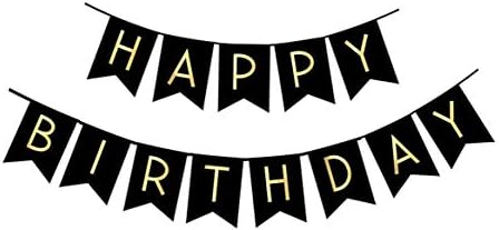 FECEDY Black Happy Birthday Bunting Banner with Shiny Gold Letters Party Supplies