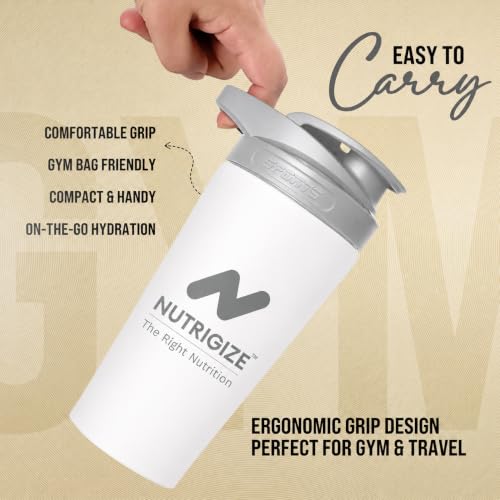 Image of Stainless steel shaker 700ml protein shaker bottle - leak proof 304 SS food grade steel, gym shaker, shaker bottles for protein, steel shaker for gym (White)