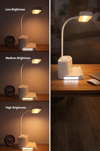 Image of SaleOn Rechargeable LED Study Lamp with Pen Stand & Mobile Holder | Touch Control Table Lamp with 3 Light Modes for Study Desk, Bedside, Office | USB Charging (Rectangular with 3 Pot)