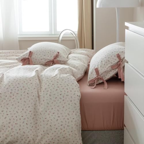 Image of MKXI Cute Bow Tie & Pink Flower Stripes Duvet Cover Twin Size Cotton Bedding Set - Cottagecore Small Floral Print Comforter Cover with 2 Pillowcases for Girls,Women, Sweet Home Gift
