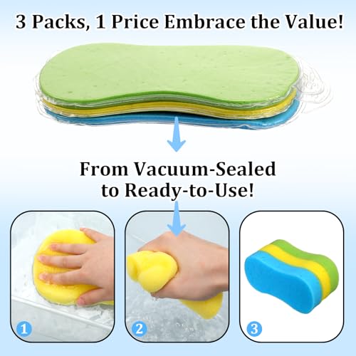 Image of Qianyu Car Wash Sponges 3 Pack Extra Thick Large Sponges Super Absorbent Cleaning Supplies All-Purpose Foam Scrubber Kit Random Color Easy Grip Sponges for Kitchen Bathroom Household Dishes Bike Boat