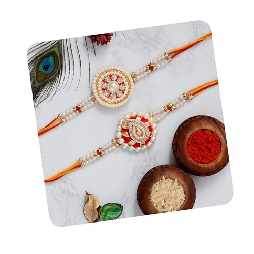 Image of eCraftIndia Red, Blue & Golden Designer Peacock Rakhi with Roli Chawal Pack - Rakhi for Brother