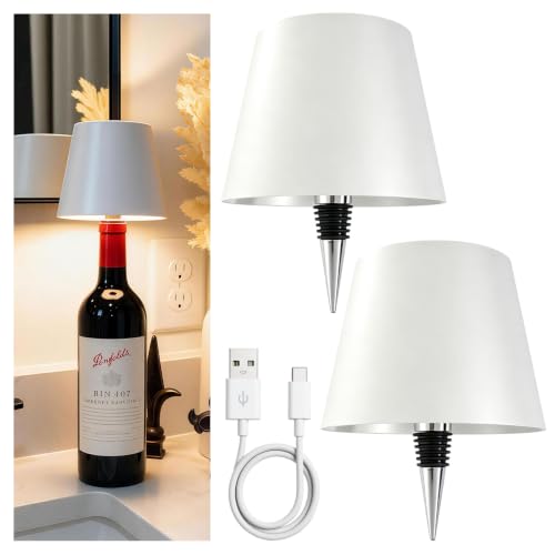 Janyang 2 Pack Rechargeable Wine Bottle Lamps, 3-Color Touch Dimmable Cordless Bottle Topper Lights for Liquor Bottles, Wireless LED Table Lamps for Bar, Restaurant, Party & Home Decor, White