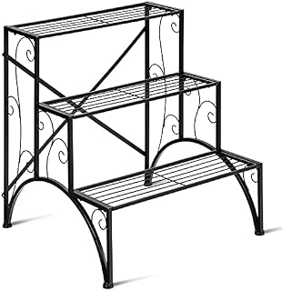 COSTWAY 3 Tier Plant Stand, Stair Style Metal Flowers Pot Holder Storage Shelf, Ladder Plants Display Rack for Indoor Outdoor Balcony Garden Yard