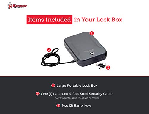 Hornady Portable Lock Box For Guns And Valuables - Includes 2 Keys And 4 Foot Steel Cable - Thick 16 Gauge Steel - An Ideal Portable Car Lock Box Or Truck Safe - Large, Black, 9.5 X 6.5 X 1.75 Inches #TOP2