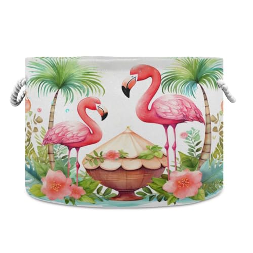 Round Pink Flamingo Summer Storage Basket Large Organizer Bin Laundry Hamper Toy Storage Basket with Handle for Nursery Clothes Toys 202b4059