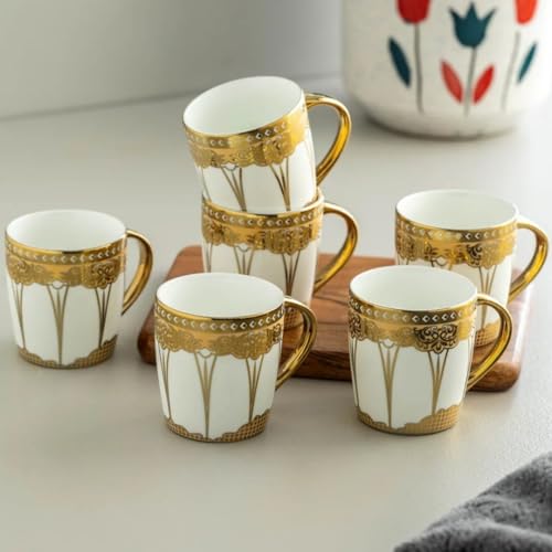 Image of Clay Craft Fine Ceramic Tea Cups Set of 6| 140 Ml Gold Print Cups with Handle | Elegant Design for Tea| Coffee| Home| Office & Gifting