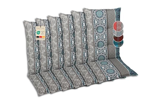 GO-DE Textil Bequeme und attraktive Polsterauflagen für Hochlehner-Gartenstühle (6er-Set Ornamentstreifen blau Hochlehner)