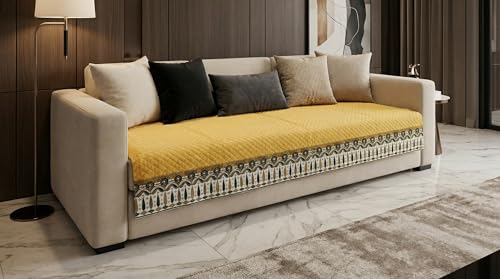 Image of Velvet Quilted Sofa Cover Mat Seat & Back, 3 Seater, L69in H32in, Yellow Color,Anti Skid Backing, 6in Hanging Strap Design, Washable Soft, Anti Slip, Separa, Style -Yellow-S3