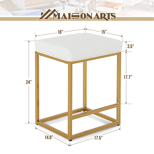 Maison Arts White & Gold Counter Height 24" Bar Stools Set Of 2 For Kitchen Counter Modern Barstools Upholstered Faux Leather Square Stools Backless Farmhouse Island Chairs,Support 330 Lbs, 24 Inch #TOP2