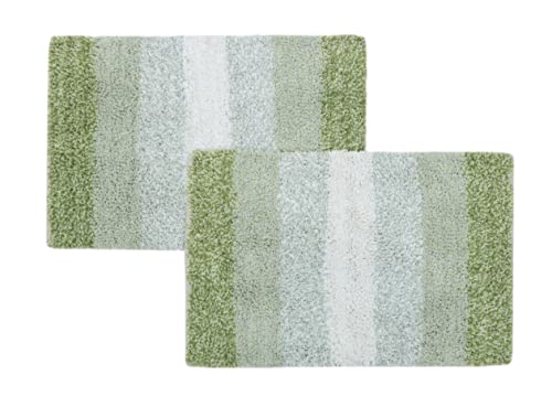 Image of THE HOME TALK Cotton Stripes Bathmats | Water Absorbent Runners | Floor Mats /Rugs for Kitchen, Bathroom & Sink | Ultra Soft Mats | Non-Slip | Pack of 2 | 40 x 60 cm | Green