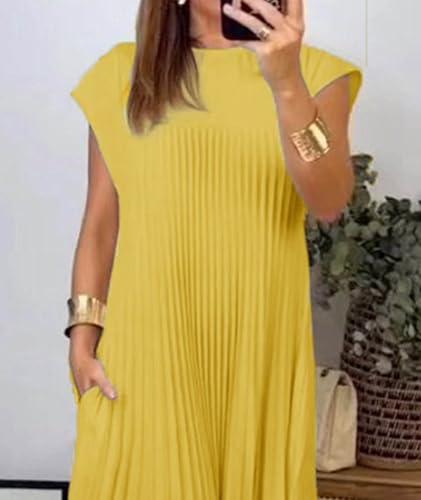 Image of SEMATOMALA Women's Pleated Short Sleeve Maxi Dress Crewneck Loose Fit Flowy Swing Long Dress with Pockets